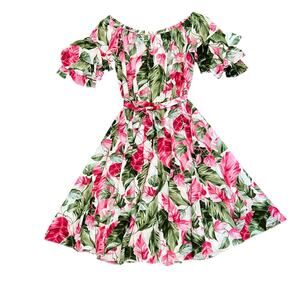 Floral Off-Shoulder Dress - Pink and Green